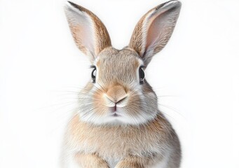 Fototapeta premium close-up portrait of a curious brown and white rabbit with large upright ears and shiny eyes against a white background
