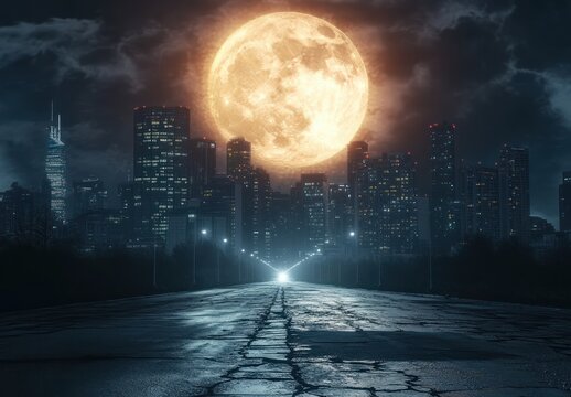 Dramatic city skyline at night with illuminated skyscrapers and an enormous glowing full moon rising behind them over an empty cracked road - Powered by Adobe