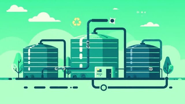 An illustrative depiction of a biogas plant with storage tanks, pipelines, and a recycling symbol, conveying renewable energy and sustainable practices in a modern design.