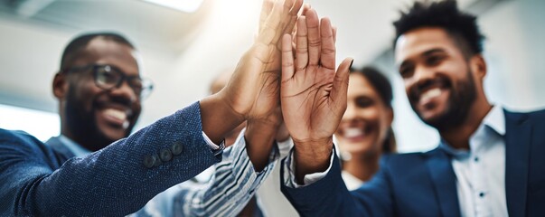 A group of smiling men and a woman make a high five hand stack. Business people showing teamwork. Successful collaboration concept.