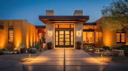 Modern Desert Residence Exterior at Dusk with Warm Lighting and Contemporary Design Features