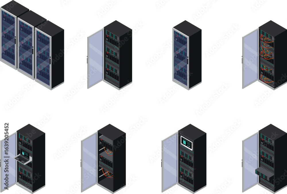 Poster the image shows a collection of isometric representations of server racks or cabinets, some with doo