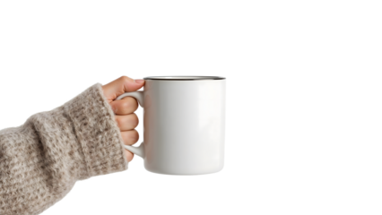 Cozy hand in knitted sweater holding white mug isolated on the transparent background for winter or autumn hot beverage concept