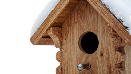 Closeup of wooden birdhouse covered with snow in winter, isolated on the transparent background, cozy shelter for birds, minimalist seasonal concept
