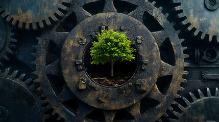 Surreal conceptual image of miniature tree growing within industrial gears