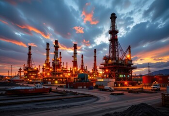 Obraz premium raw energy from deep oil wells powers huge refineries producing essential fuels that keep heavy machinery running in construction sites shipyards and steel plants across the nation