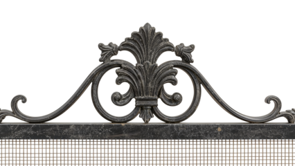 Ornate black iron decorative grille with classic vintage floral design and scrollwork on the transparent background