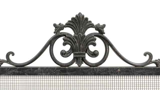 Ornate black iron decorative grille with classic vintage floral design and scrollwork on the transparent background
