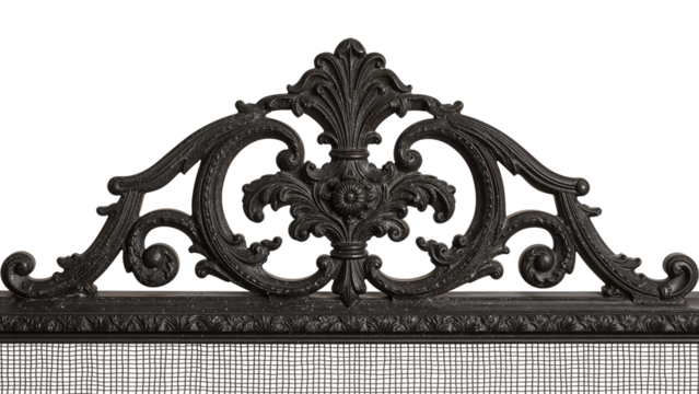 Ornate black iron fireplace screen topper with baroque scrollwork and vintage floral detailing for elegant interior decor