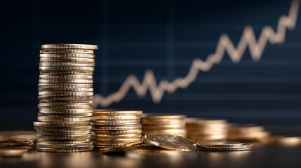 Stacks of golden euro coins representing financial growth. Concept of wealth accumulation, investment profit, and savings for economic success.