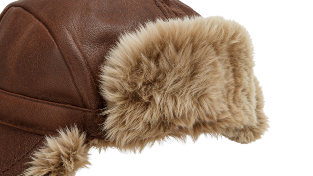 Closeup of brown leather aviator hat with soft faux fur lining and ear flaps for winter warmth and outdoor fashion