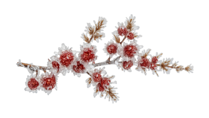 Frozen red berries branch with frost crystals on the transparent background  winter nature, seasonal decoration, christmas theme