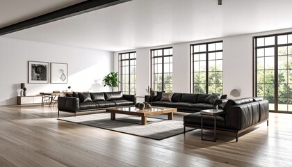 Modern, minimalist living room with large windows, neutral tones, and stylish furnishings. Features include L-shaped dark sectional sofas, a wooden coffee table, light wood flooring, abstract art, and