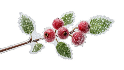 Icy hawthorn branch with red berries and green leaves isolated on the transparent background, frost patterns and winter detailing