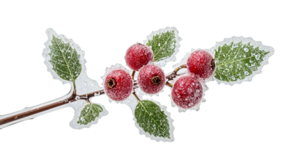 Icy hawthorn branch with red berries and green leaves isolated on the transparent background, frost patterns and winter detailing