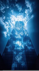 Tall glass skyscraper reflecting dramatic clouds under a bright blue sky, creating a striking contrast and sense of height