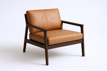 Elegant Tan Leather Armchair with Dark Wood Frame, Modern Design for Comfortable Living Spaces