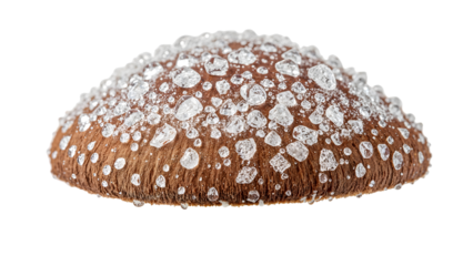 Brown mushroom cap covered with sparkling water droplets isolated on the transparent background, closeup macro nature detail