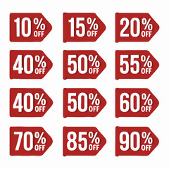 discount sticker product tag set. shopping discount label badge with 10 to 95 percent off. vector symbol on transparent background.