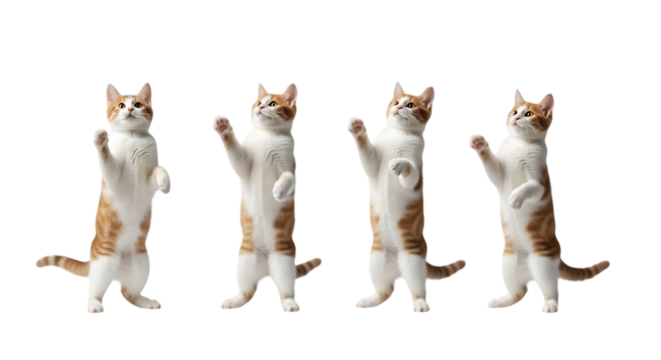 Four cats standing on their hind legs, isolated on transparent background.

