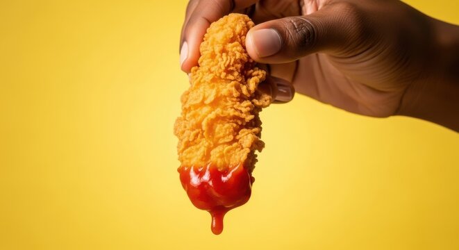 A hand holding a fried chicken tender dipped in ketchup against a yellow backdrop.