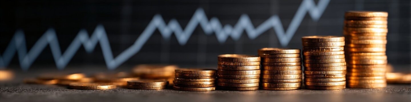 Stacks of golden coin with a rising stock market graph in the background symbolizes financial growth and investment success.