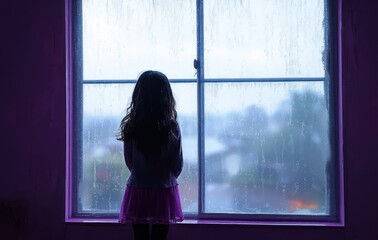 Silhouette of a young girl standing alone inside a dimly lit room, gazing out through a large rain-speckled window at a foggy, blurred outdoor scene