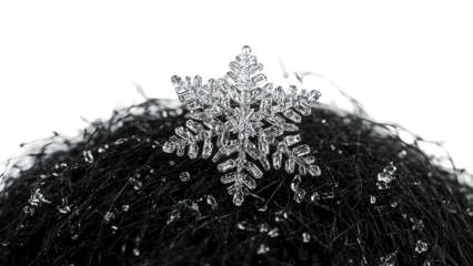 Crystal snowflake ornament on black textured surface with sparkling beads and winter holiday decoration on the transparent background