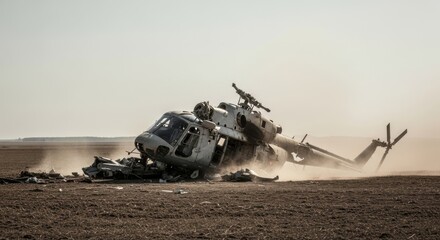A wrecked military helicopter lies in a field, showing signs of a serious crash.