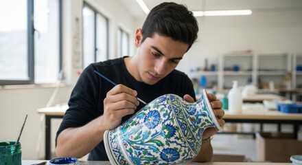 A skilled artisan meticulously paints a beautiful floral design on a ceramic vase in a workshop.