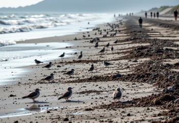 oil soaked sand stretches along a beach seabirds coated in crude struggle to move volunteers work in hazy light showing the cost of raw fuel spills on wildlife and human livelihoods