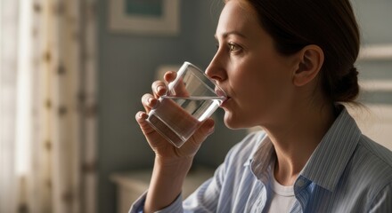 A woman enjoying a glass of pure, refreshing water indoors, staying healthy.