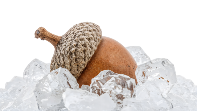 Acorn on transparent ice cubes closeup isolated on the transparent background nature concept