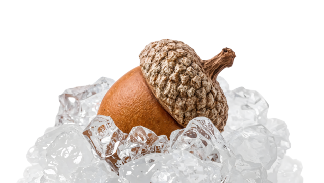 Single acorn surrounded by transparent ice cubes isolated on the transparent background  nature, winter, freshness, minimal