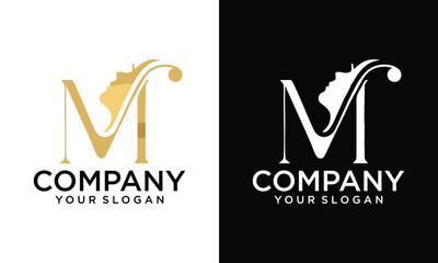 Creative Beauty women with letter M gold logo design inspiration