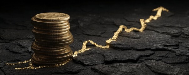Stack of gold coins and an upward trending golden line on dark stone. Concept of financial growth, investment, and success.