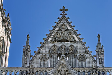 Grand Gothic Cathedral Architecture with Sunlight on a Clear Blue Sky, Nidaros, Trondheim, Norway