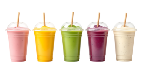 Five colorful smoothies in plastic cups with straws, isolated on transparent background.