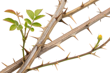 A highly detailed close-up of resilient new life, showing a green shoot and a yellow flower bud emerging from sharp thorny branches on a white background.