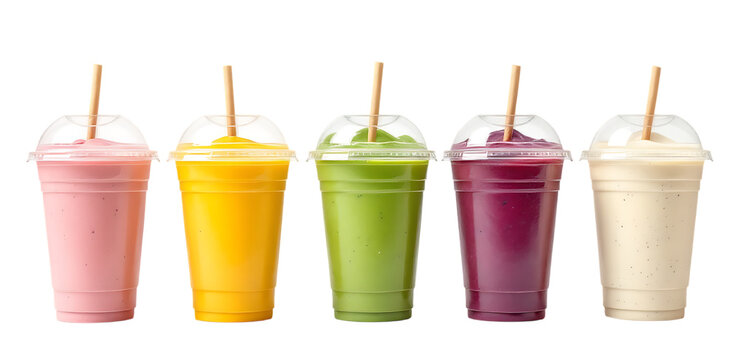 Five colorful smoothies in plastic cups with straws, isolated on transparent background.