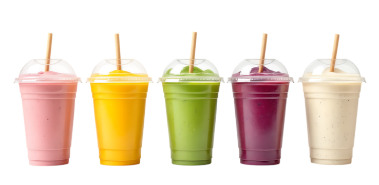 Five colorful smoothies in plastic cups with straws, isolated on transparent background.