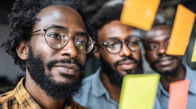 African american man looking at sticky notes with colleagues. Business team collaborating on project ideas. Teamwork and brainstorming session.