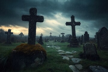 Dark rainy cemetery with weathered stone crosses and headstones under a gloomy sky, evoking a somber and eerie atmosphere