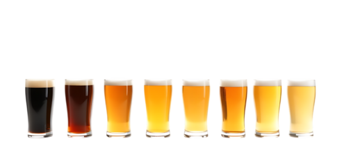 Beer Color Gradient in Glasses, Isolated on transparent background
