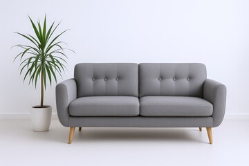 Modern Grey Tufted Sofa with Green Plant in Minimalist Interior Setting