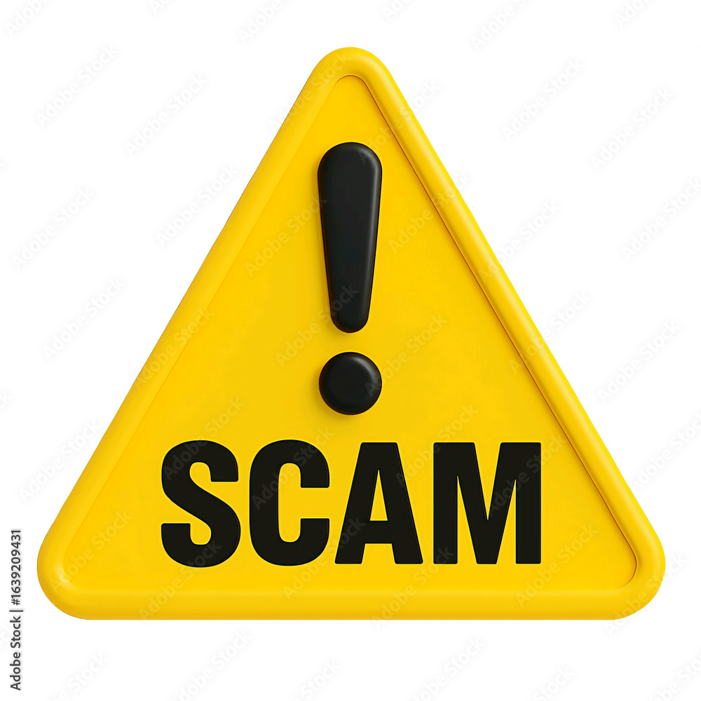 Poster yellow warning triangle sign with exclamation mark and scam text isolated on transparent background