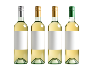  Four bottles of white wine with blank labels and different colored foil caps, isolated on transparent background.