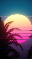 Retro sunset landscape with palm trees, perfect for a vibrant and stylish design.