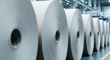 Large paper rolls are stored in a paper factory, ready for printing and production in the paper industry.