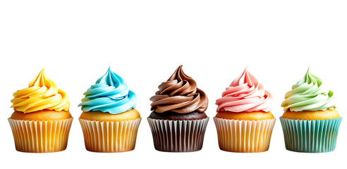  Row of five colorful cupcakes with different flavored frosting, Isolated on transparent background